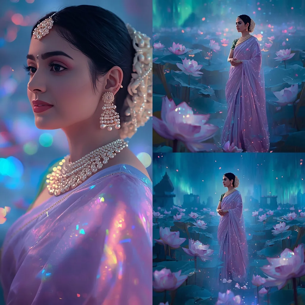 Festive Pastel Saree Opaline Aurora Lotus Kingdom Collage | Face Ai Prompt