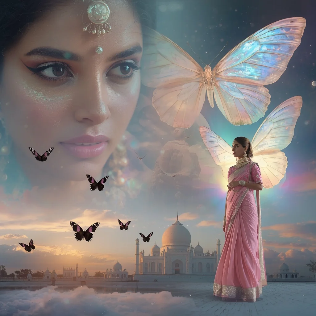 Festive Pastel Saree Opaline Butterfly Moon Empire Collage Prompt | Saree Whatsapp Dp Ai Prompt