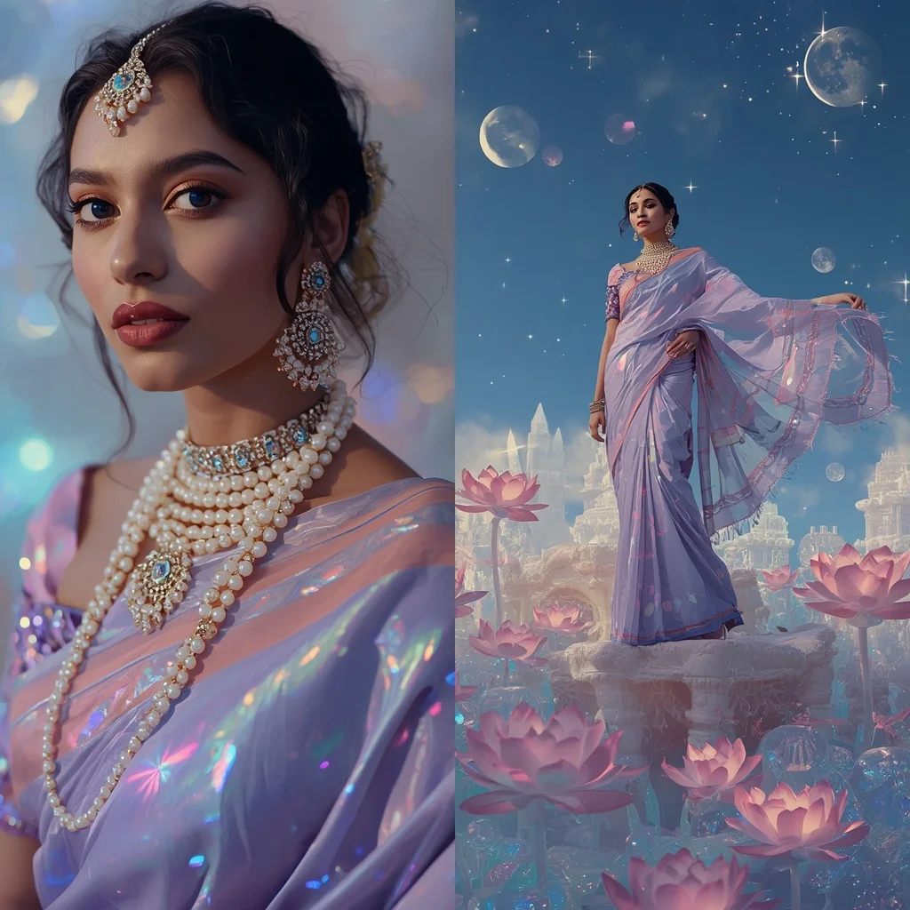 Festive Pastel Saree Opaline Moon Lotus Citadel Collage | Desi Girl Ai Prompt