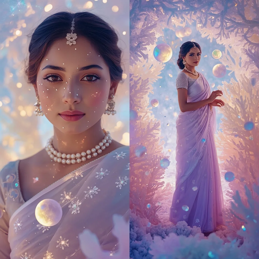 Festive Pastel Saree Opaline Moon Reef Kingdom Collage | Instagram Aesthetic Ai Prompt