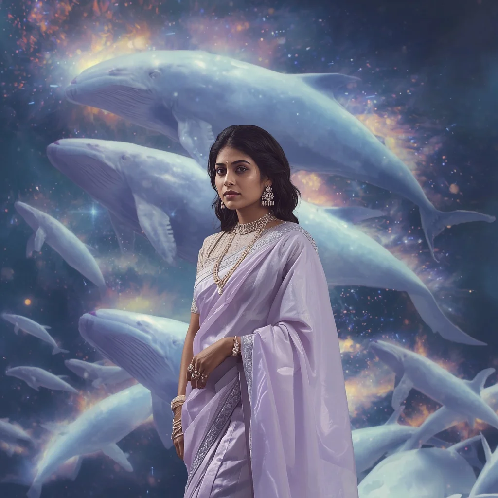 Festive Pastel Saree Opaline Whale Migration Universe Collage | Midjourney Prompt List