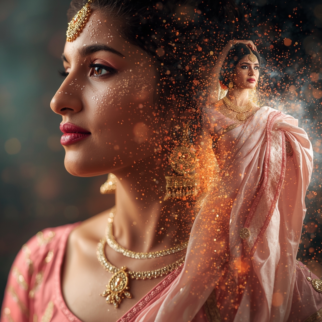 Festive Pastel Saree Particle Bloom Explosion Collage | Micro Detail Luxury Prompt | Traditional Saree Ai Prompt