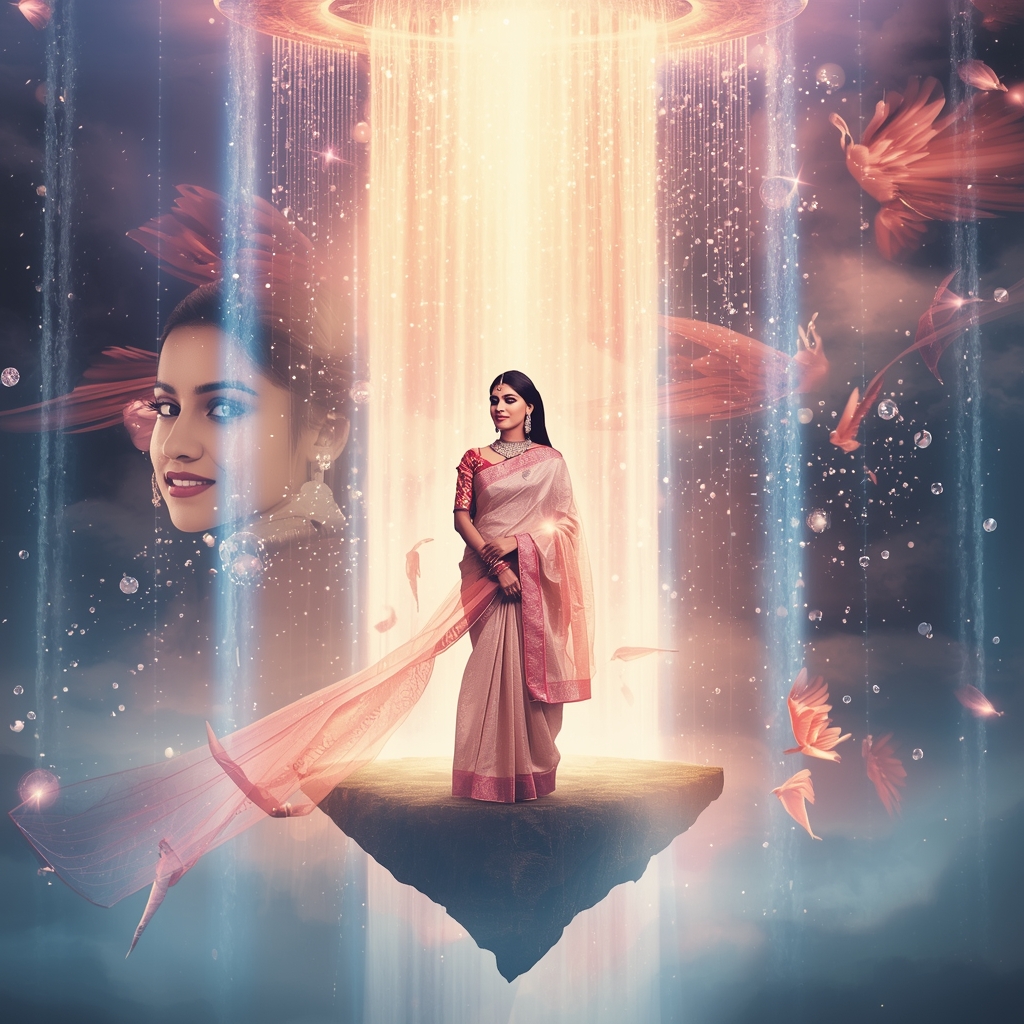 Festive Pastel Saree Phoenix Crystal Waterfall Portal Collage | Mythical Legendary Prompt | Bridal Saree Ai Prompt
