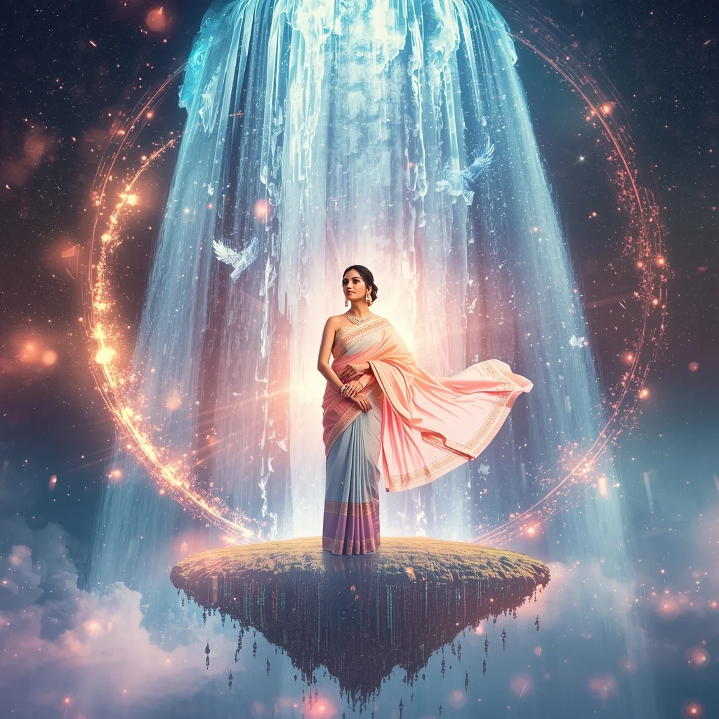 Festive Pastel Saree Phoenix Crystal Waterfall Portal Collage | Mythical Legendary Prompt | Saree Pose Ai Prompt For Image Generation