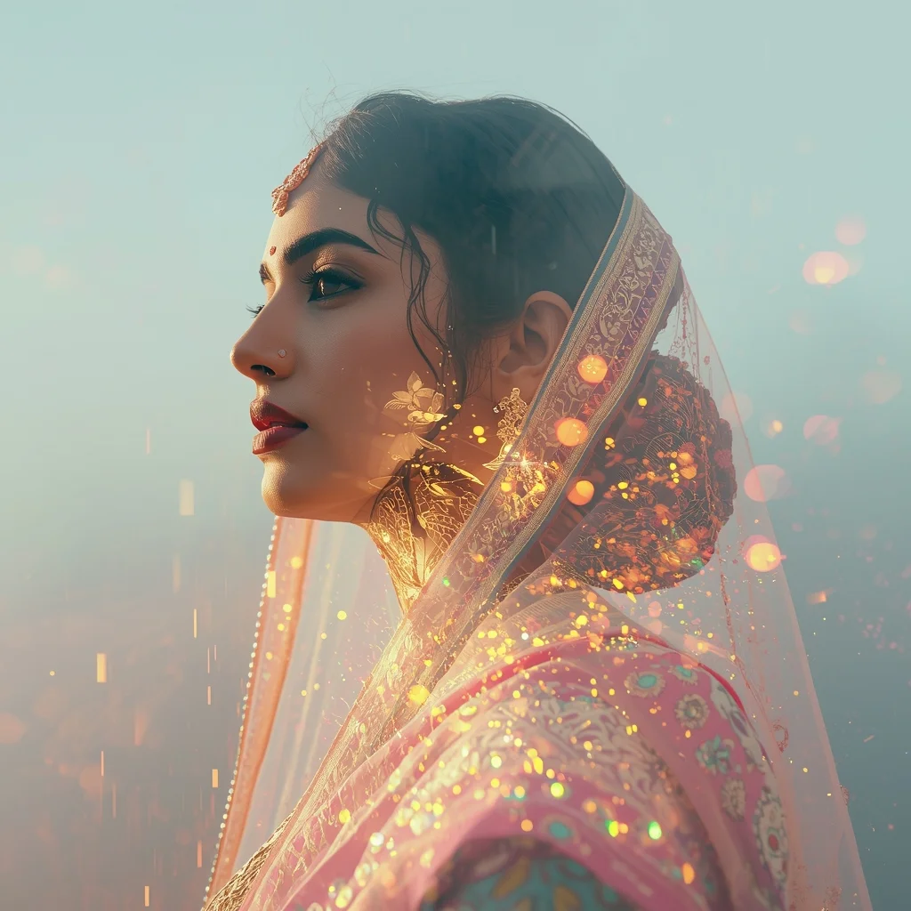 Festive Pastel Saree Poetic Double Exposure Dream Loop Collage | Artistic Reflection Prompt | Indian Saree Ai Prompt