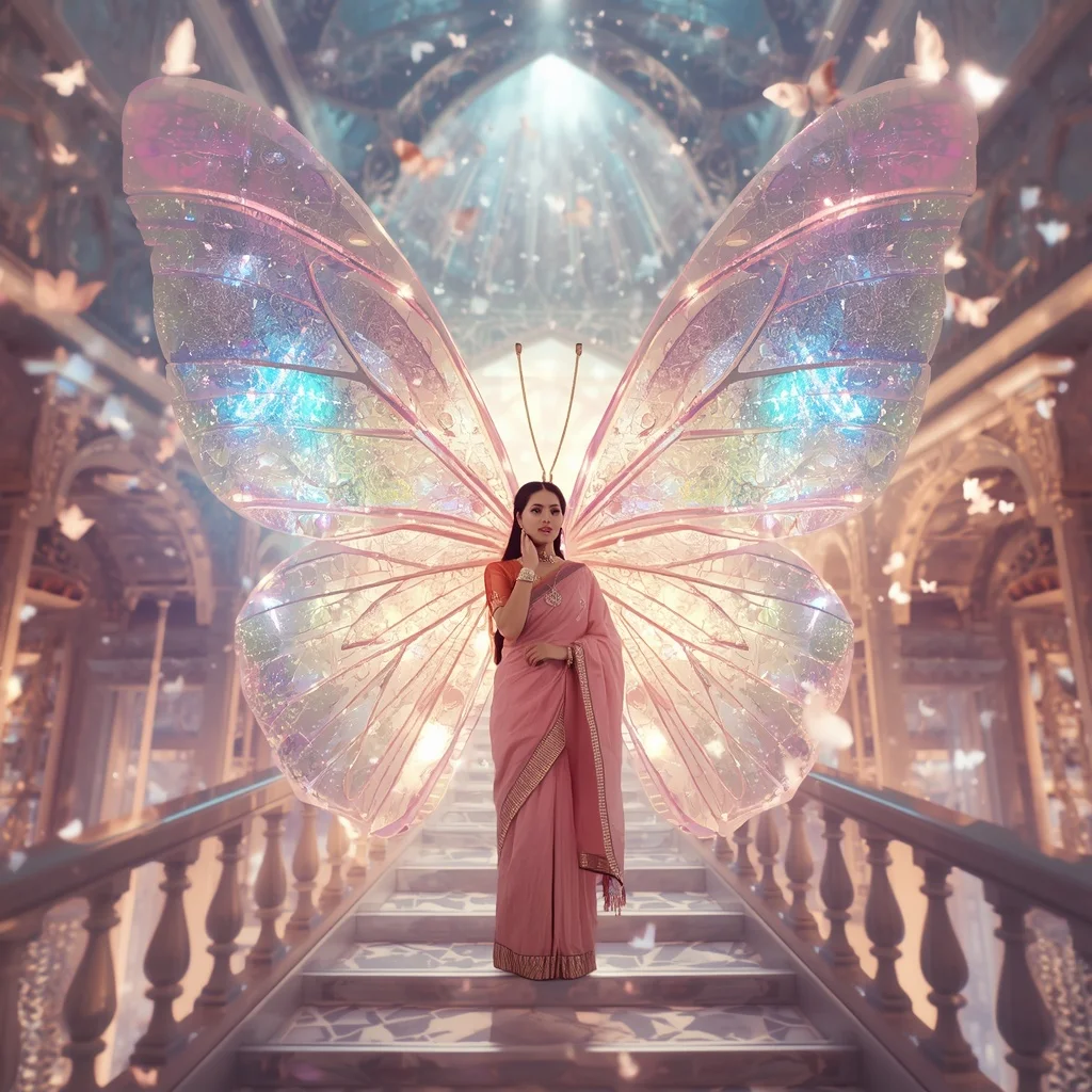 Festive Pastel Saree Prism Butterfly Galaxy Palace Collage Premium | Viral Ai Image Prompt