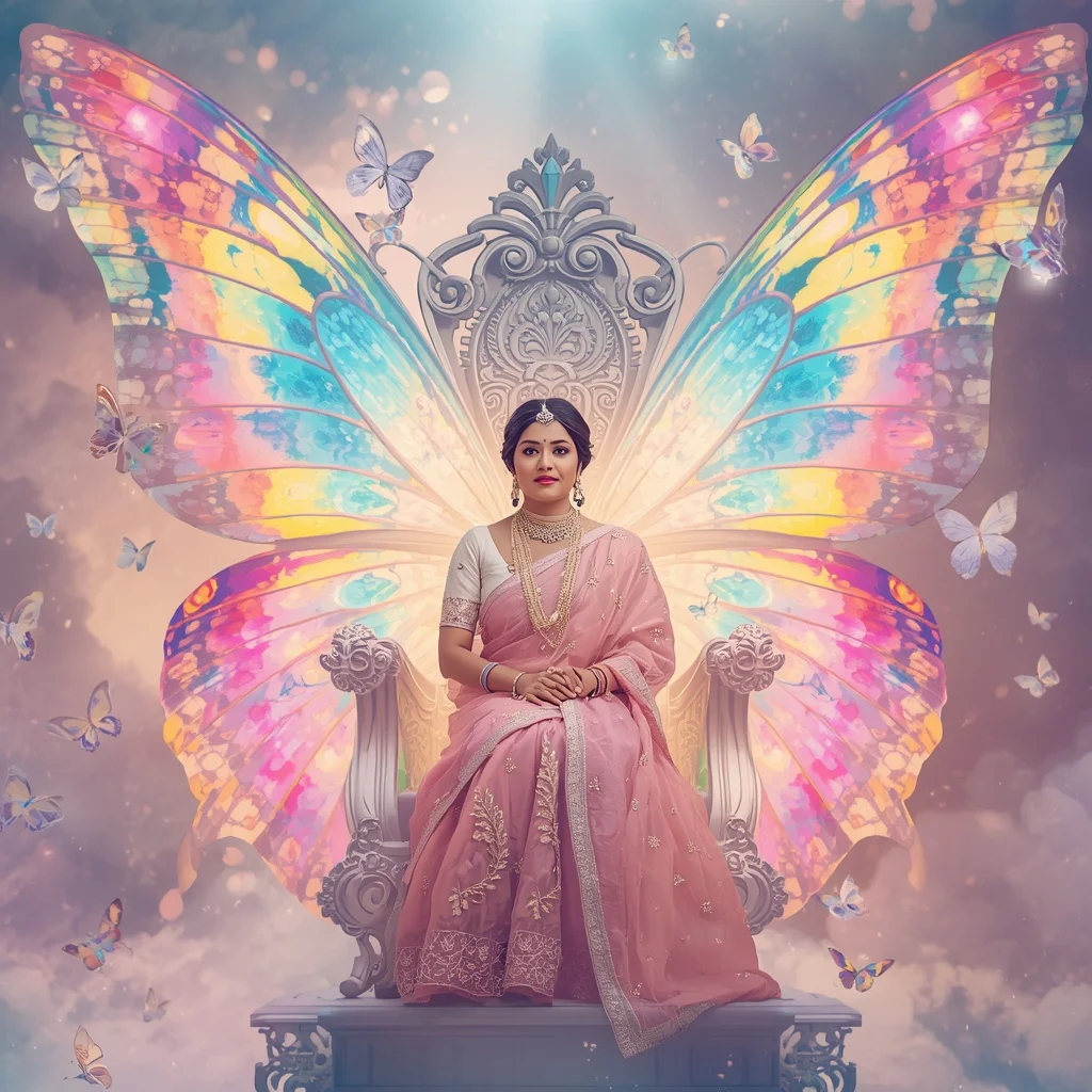Festive Pastel Saree Prism Celestial Butterfly Throne Collage Premium | Prompt Seen Trending Girl 2026 Instagram