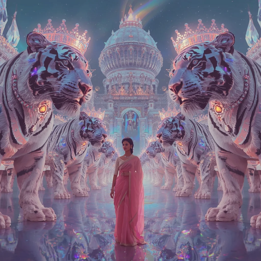 Festive Pastel Saree Prism Celestial Cosmic Tiger Crown Fortress Collage Premium | South Indian Prompt For Gemini Girl Instagram