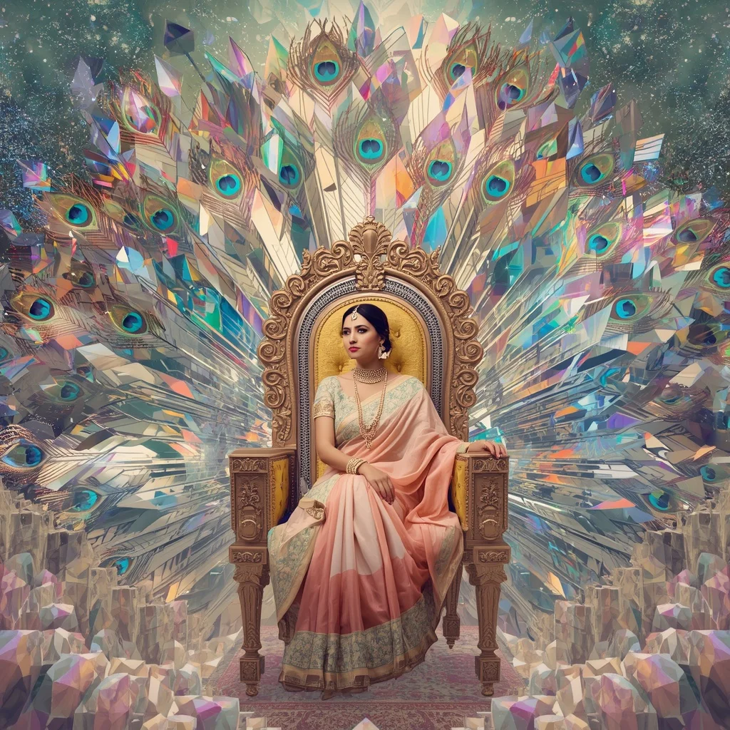 Festive Pastel Saree Prism Celestial Peacock Throne Collage Premium | Girl Prompt
