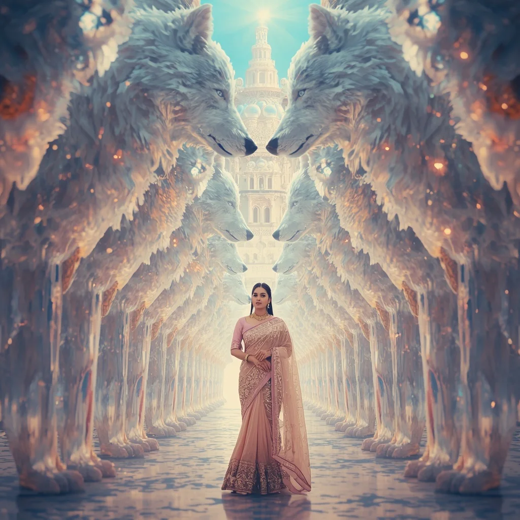 Festive Pastel Saree Prism Celestial Wolf Citadel Collage Premium | Ai Art Prompt