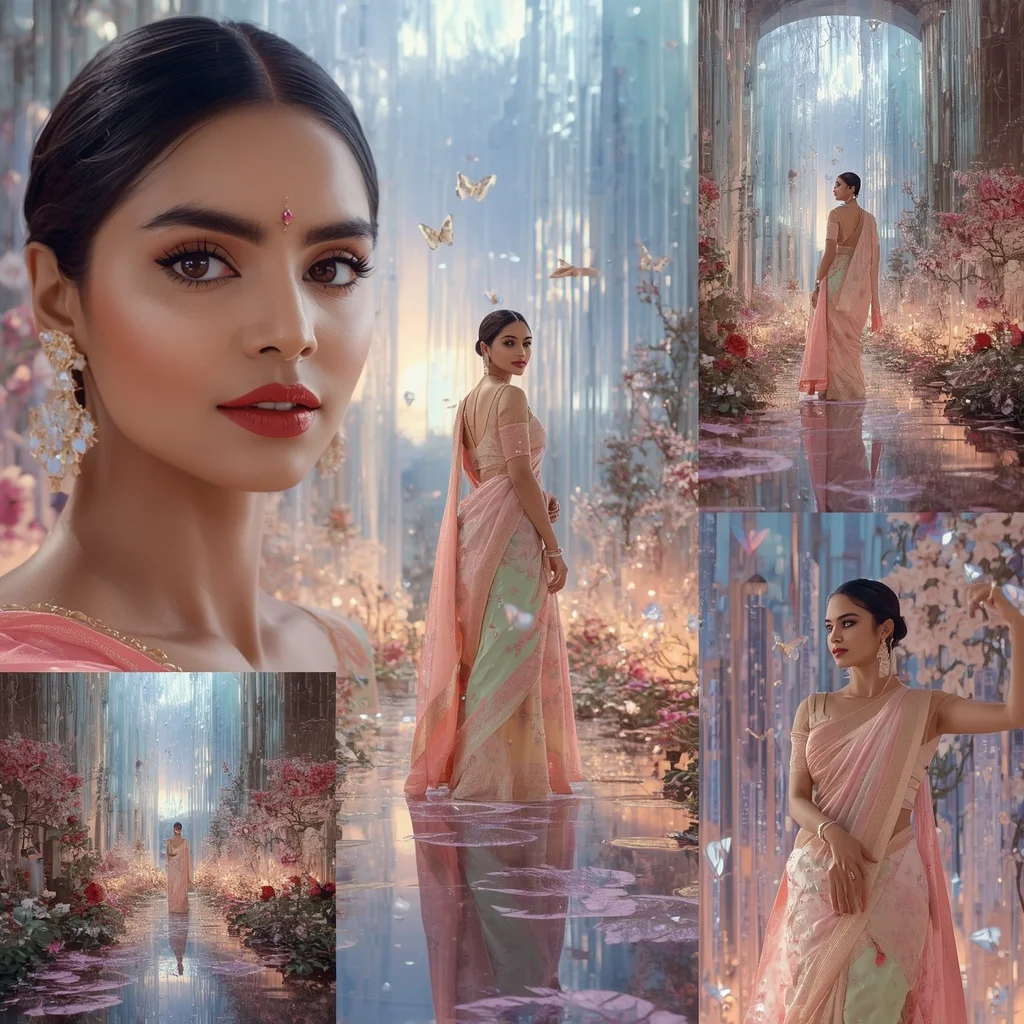 Festive Pastel Saree Prism Crystal Celestial Waterfall Palace Collage Premium Editorial | Instagram Story Ai Prompt