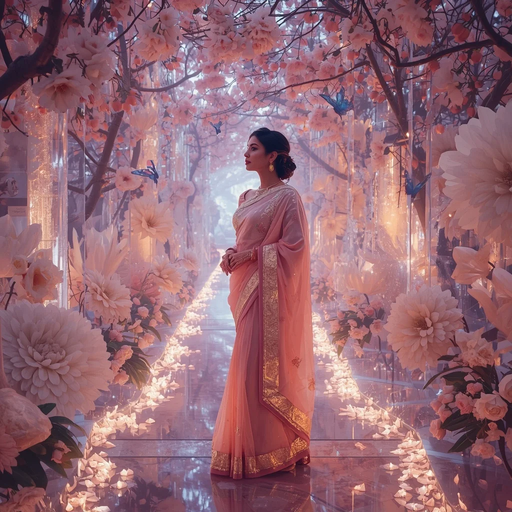 Festive Pastel Saree Prism Crystal Diamond Blossom Kingdom Collage Premium Editorial | Prompt For Traditional Look For Girl Chatgpt Instagram