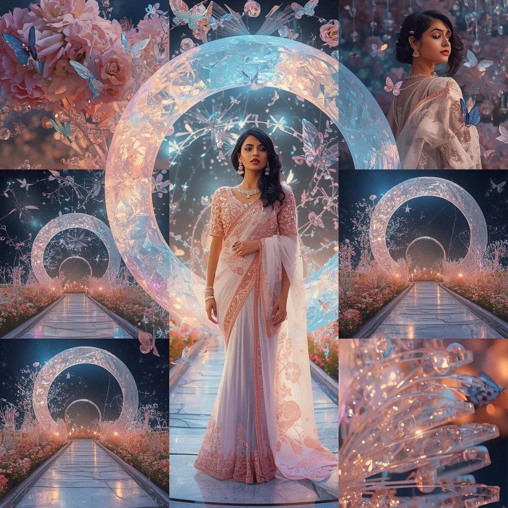 Festive Pastel Saree Prism Crystal Diamond Moon Garden Collage Premium Editorial | Instagram Photography Ai Prompt