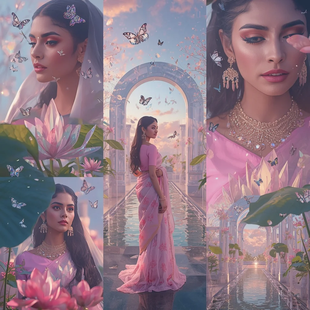 Festive Pastel Saree Prism Crystal Eternal Lotus Citadel Collage Premium Editorial | New Instagram Trend Prompt For Girl And Boy Aesthetic