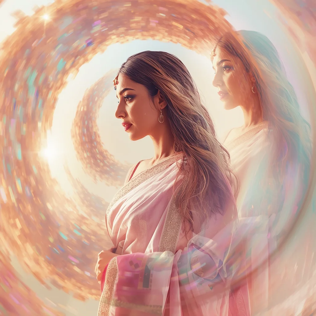 Festive Pastel Saree Prism Dust Vortex Halo Expansion Collage | Trending Prompt Copy Paste Instagram