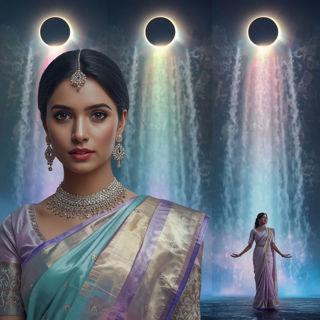 Festive Pastel Saree Prism Eclipse Waterfall Empire Collage | Editing Prompt Girl Aesthetic