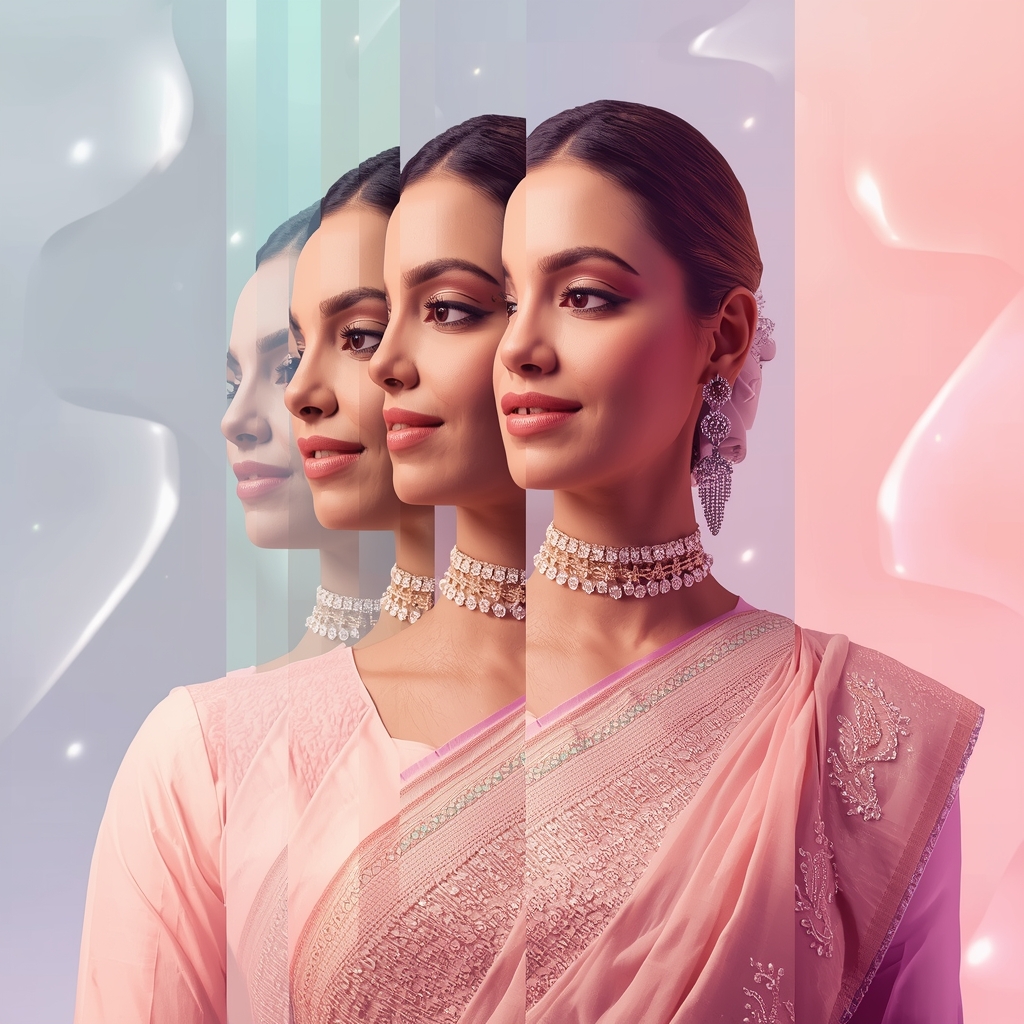 Festive Pastel Saree Prism Glow Layer Stack Collage Luxury Aesthetic | Saree Profile Pic Ai Prompt