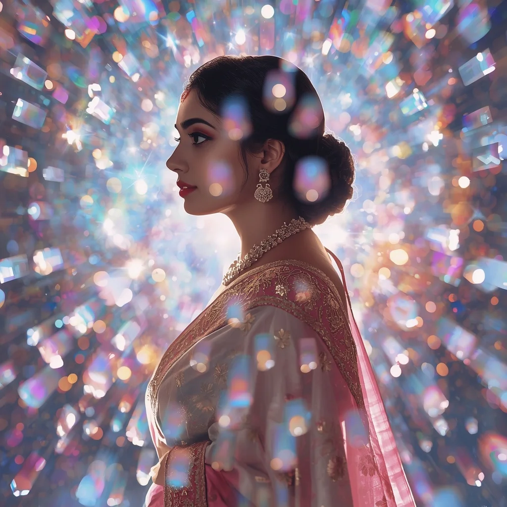Festive Pastel Saree Prism Reflection Aurora Cosmos Collage Luxury Cinematic | New Instagram Trend Prompt For Girl Attitude