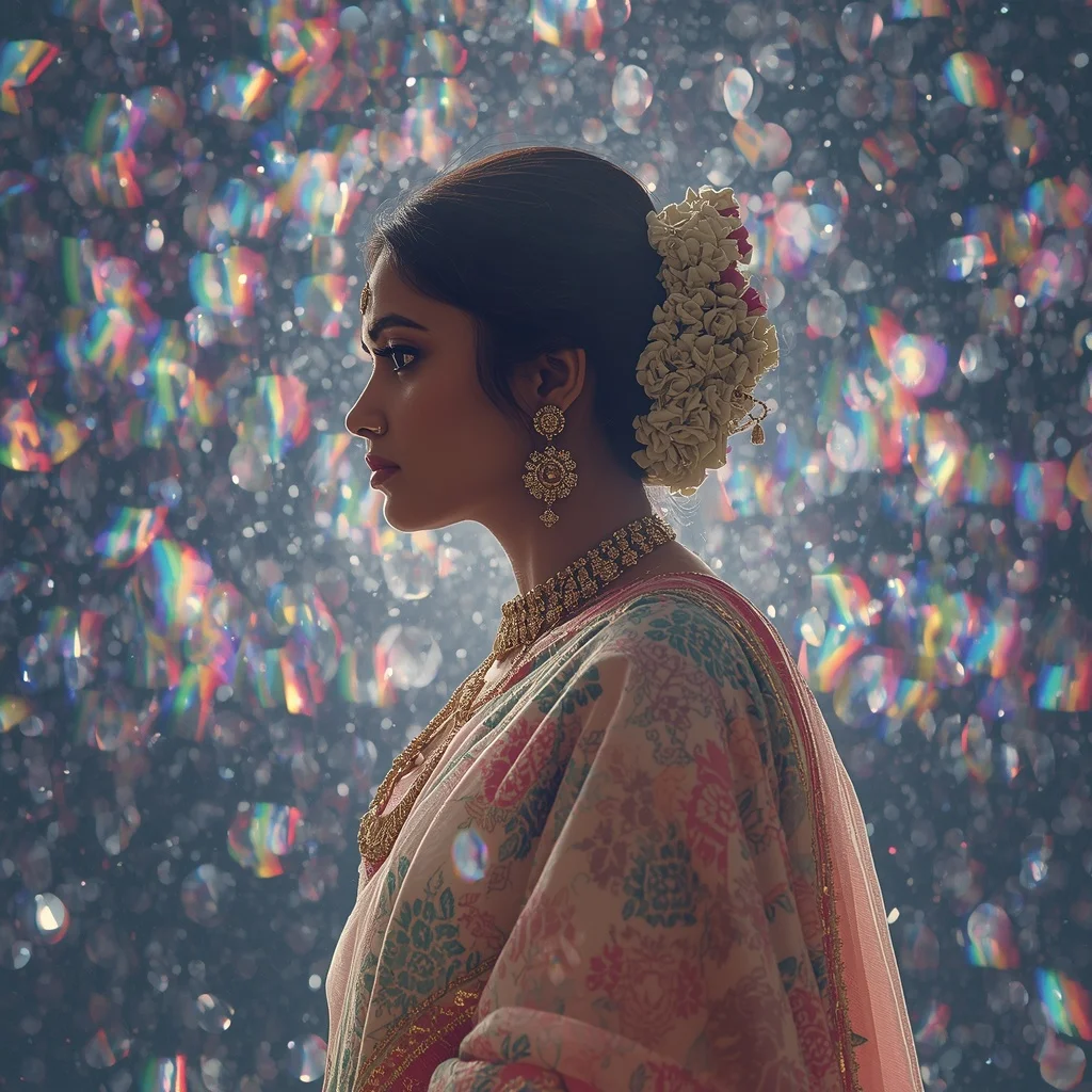 Festive Pastel Saree Prism Reflection Dream Cosmos Collage Luxury Cinematic | Prompt Seen Girl