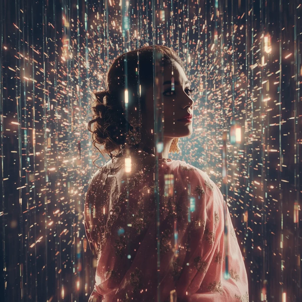 Festive Pastel Saree Prism Reflection Fantasy Cosmos Collage Luxury Cinematic | Prompt For Gemini AI Girl Style Trending Instagram