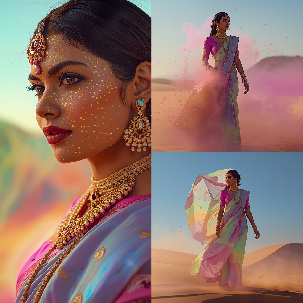 Festive Pastel Saree Prism Sandstorm Horizon Collage | Spectrum Desert Empress Prompt | Ai Gemini Saree Prompt