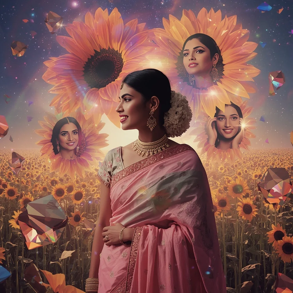 Festive Pastel Saree Prism Sunflower Galaxy Bloom Collage Premium Cinematic | Ai Image Generator Prompt