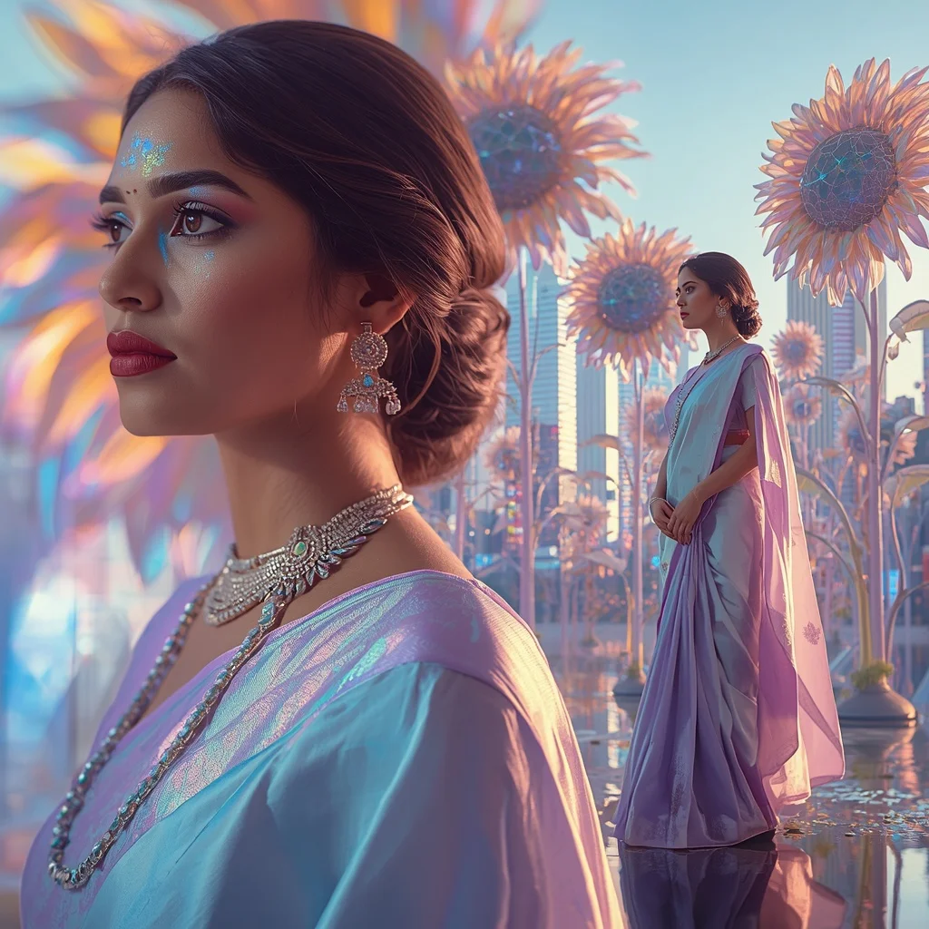 Festive Pastel Saree Prism Sunflower Megacity Collage | Desi Girl Ai Prompt
