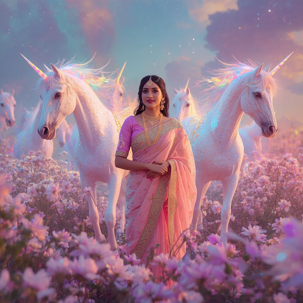 Festive Pastel Saree Prism Unicorn Starlight Empire Collage Premium | Indian Girl Ai Prompt