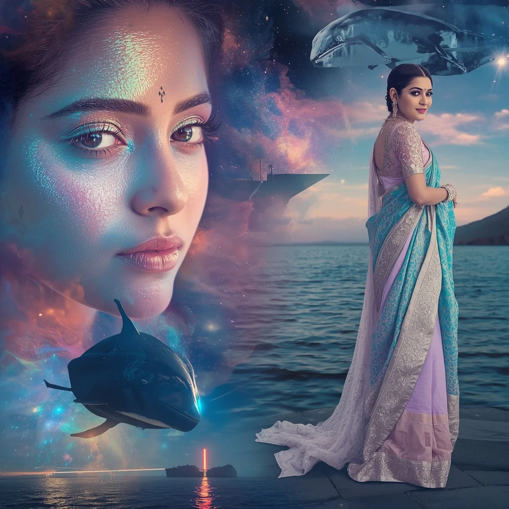 Festive Pastel Saree Prism Whale Nebula Harbor Collage Prompt | Saree Instagram Ai Prompt