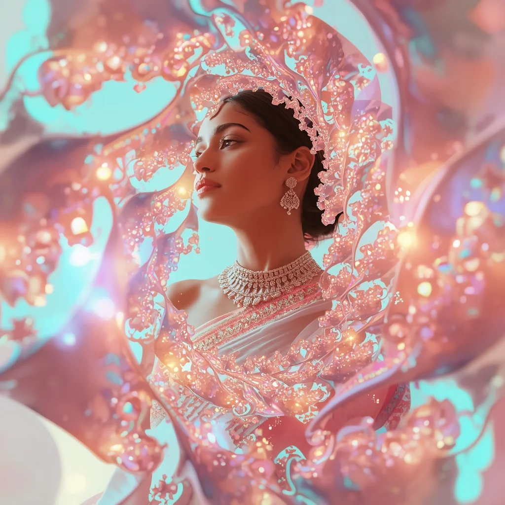 Festive Pastel Saree Quantum Light Bloom Fractal Ribbon Collage | Chat Gpt Prompt Link