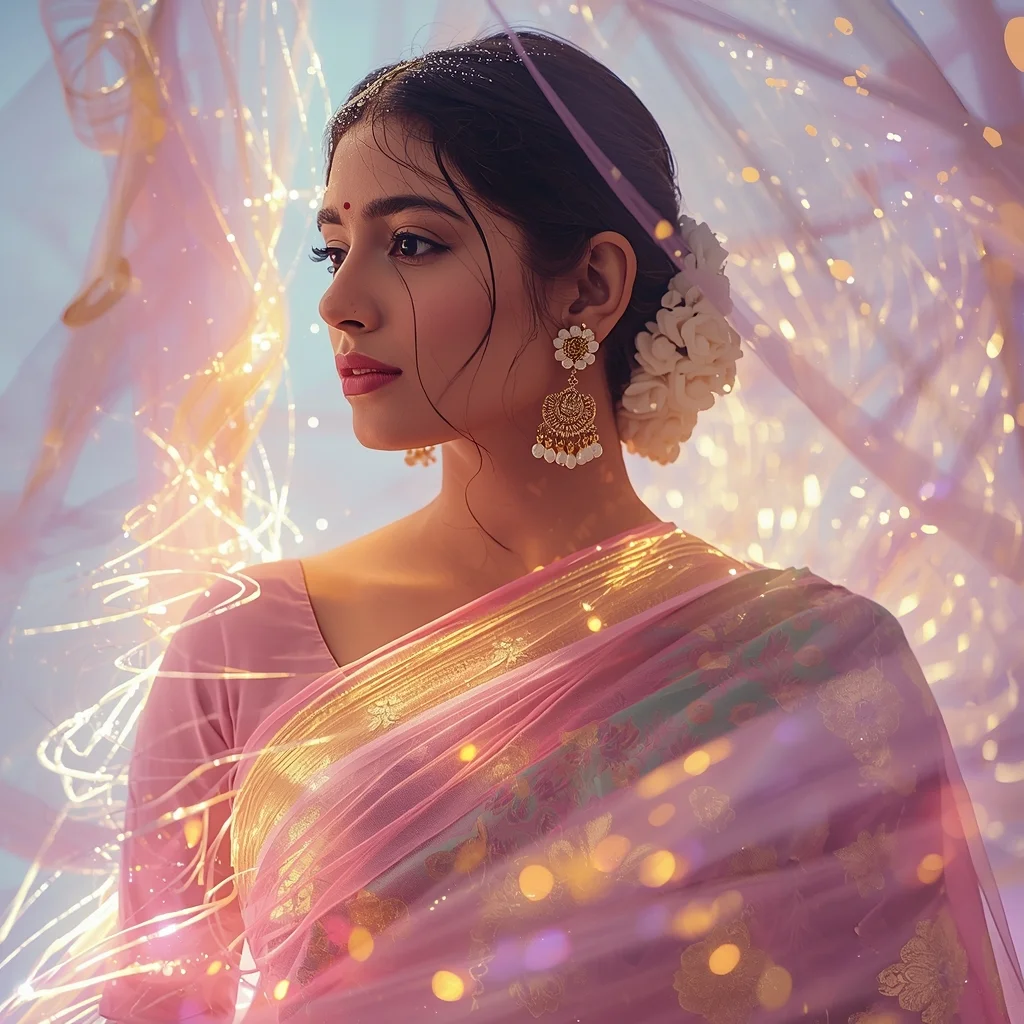 Festive Pastel Saree Quantum Light Thread Fabric Collapse Collage Cinematic Aesthetic | Stylish Girl Prompt Generator