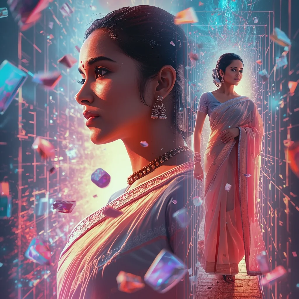 Festive Pastel Saree Quantum Magnetic Grid Tornado Collage | Hyper Futuristic Prompt | Gemini Saree Ai Photo Prompt