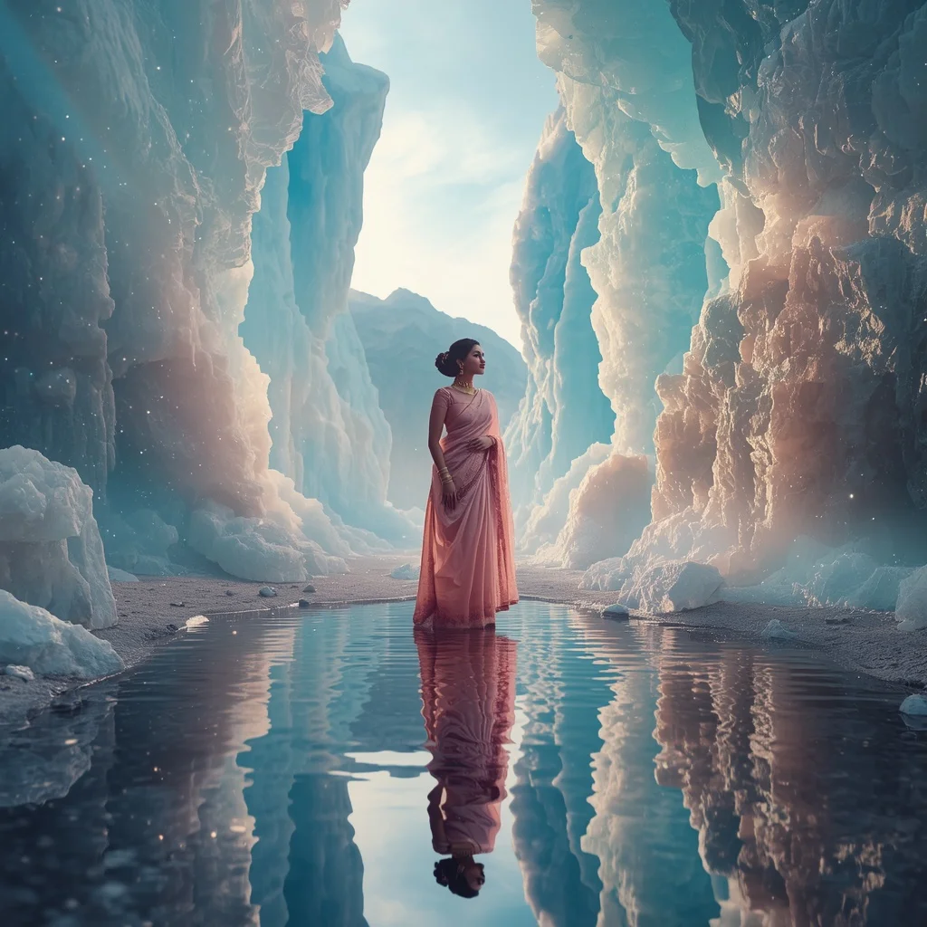 Festive Pastel Saree Reflective Aurora Crystal Fjord Collage Luxury | Photo Prompt