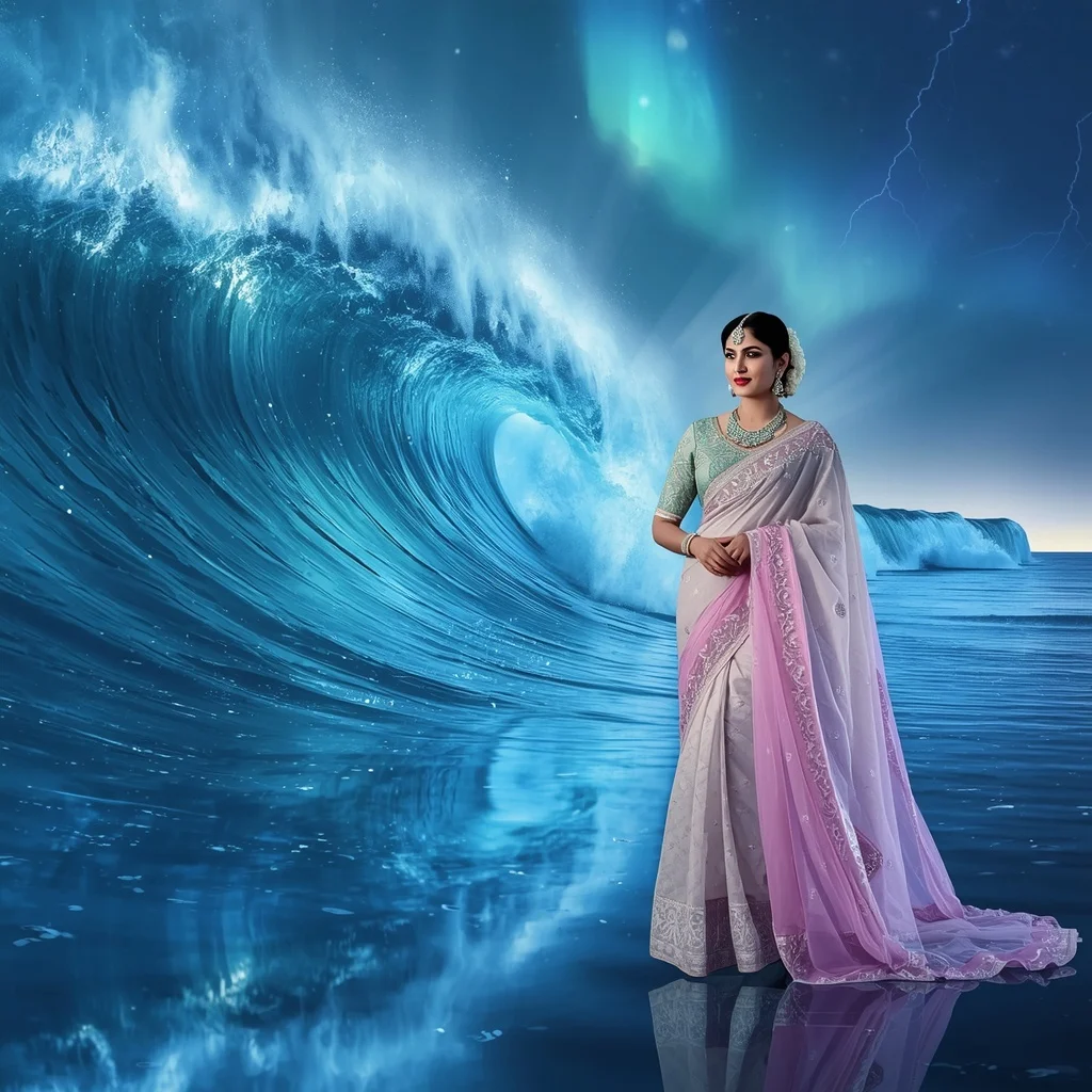 Festive Pastel Saree Reflective Aurora Crystal Sapphire Storm Ocean Collage Luxury | Gemini Photo Editing Prompt