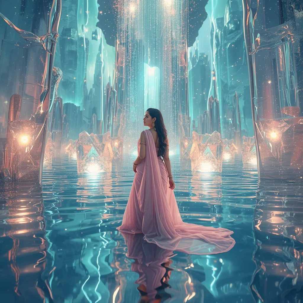 Festive Pastel Saree Reflective Aurora Crystal Waterworld Collage Luxury | Korean Ai Prompt