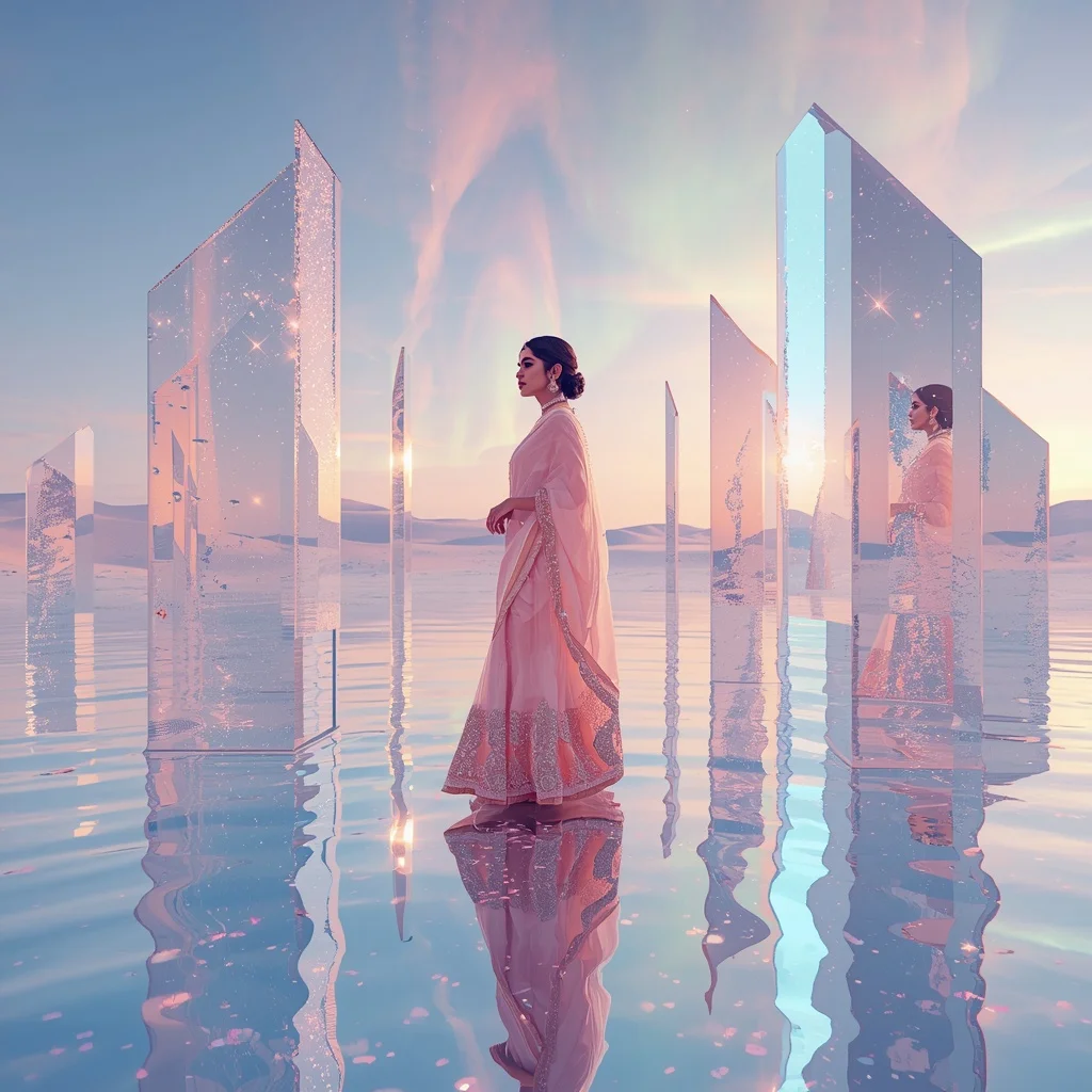 Festive Pastel Saree Reflective Crystal Aurora Desert Collage Luxury | Motivation Ai Prompt