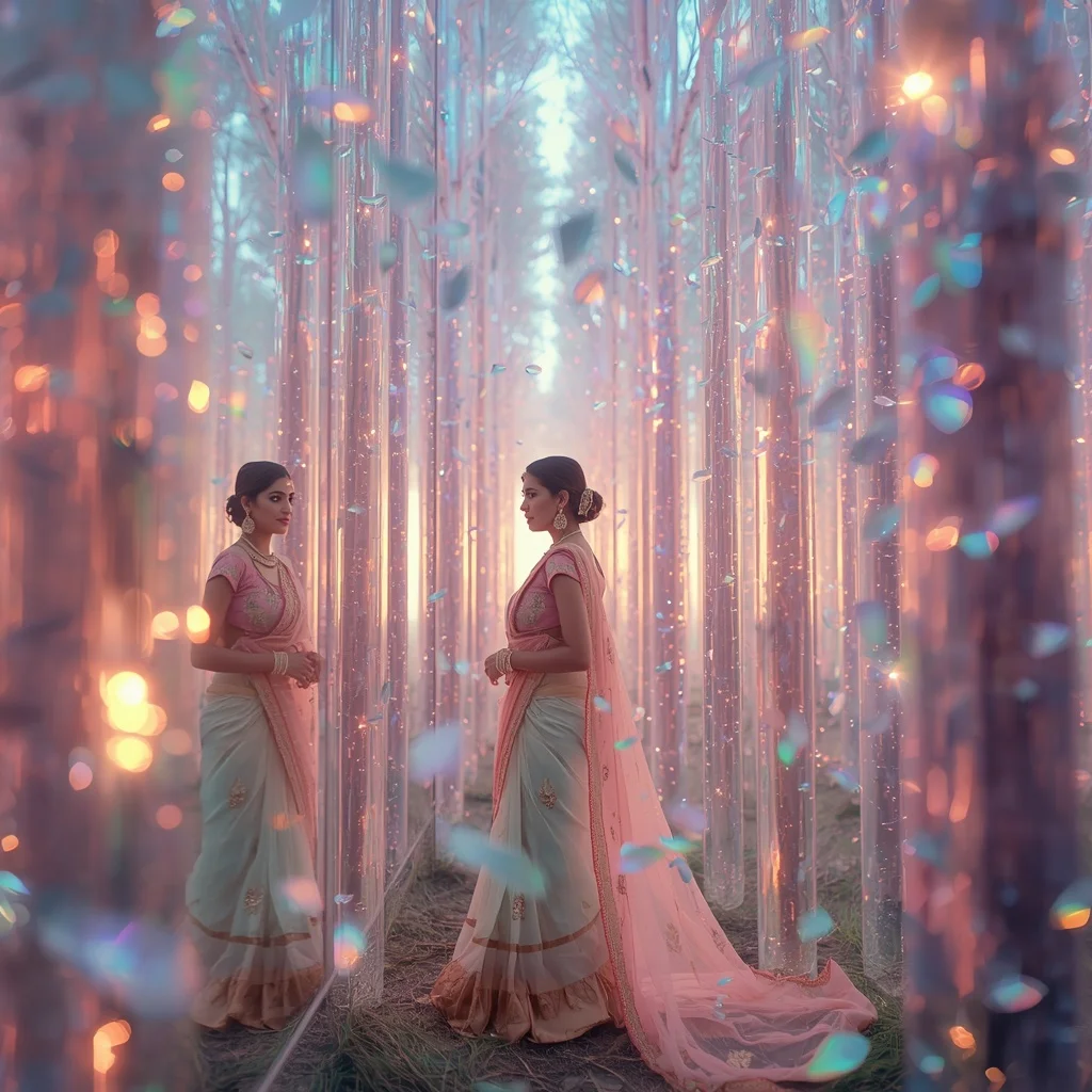 Festive Pastel Saree Reflective Crystal Aurora Forest Collage Luxury | Prompt Ai