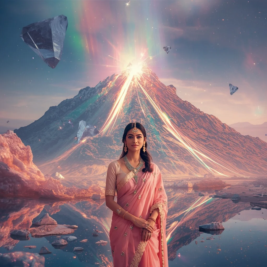 Festive Pastel Saree Reflective Crystal Aurora Volcano Collage Luxury | Travel Ai Prompt