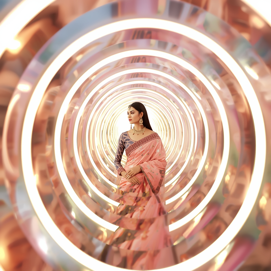 Festive Pastel Saree Reflective Glow Tunnel Rings Collage Premium | Saree Instagram Ai Prompt