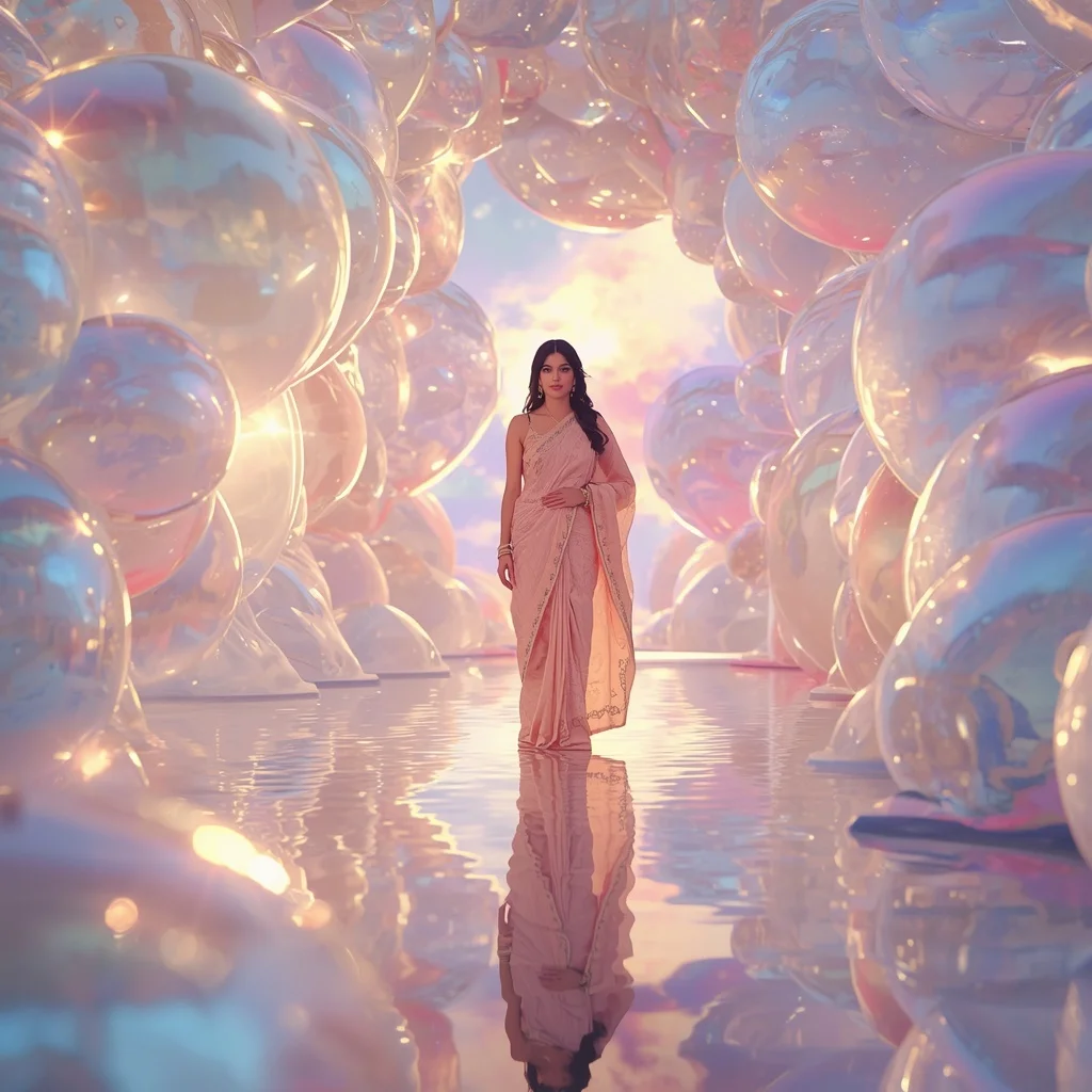Festive Pastel Saree Reflective Pearl Aurora Harbor Collage Luxury | Gemini Photo Editing Prompt