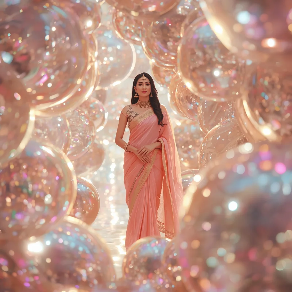 Festive Pastel Saree Reflective Pearl Aurora Universe Collage Luxury | Image To Prompt