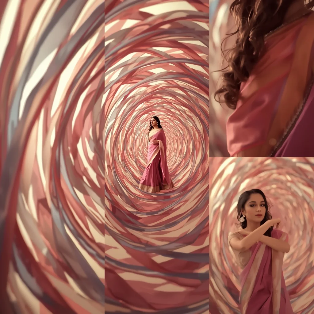 Festive Pastel Saree Ribbon Tunnel Collage | Indian Girl Flow Depth Aesthetic Soft Cinematic Viral Prompt | Aesthetic Saree Ai Prompt