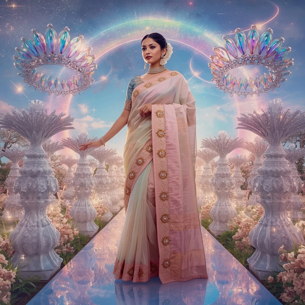 Festive Pastel Saree Royal Crystal Aurora Infinity Crown Garden Collage Ultra Premium Couture | Trending Prompt Girls Traditional