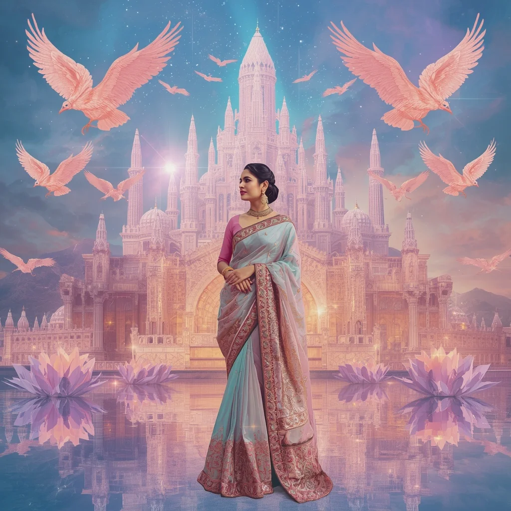 Festive Pastel Saree Royal Crystal Aurora Phoenix Citadel Collage Ultra Premium Couture | Ai Prompt For Social Media
