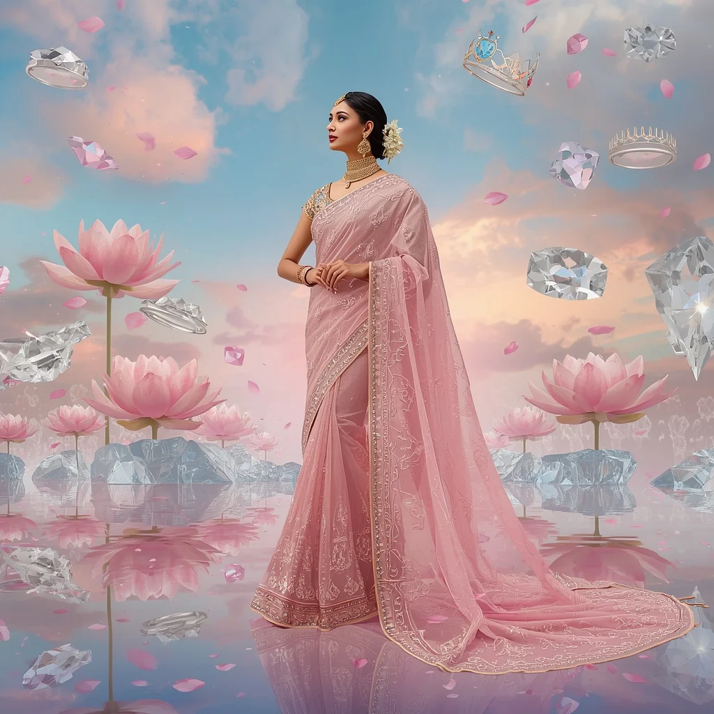 Festive Pastel Saree Royal Crystal Lotus Crown Paradise Collage Premium Couture | 4k Ai Prompt