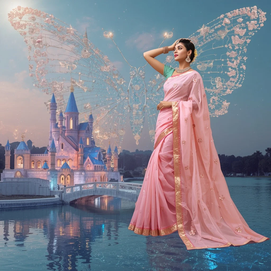 Festive Pastel Saree Royal Crystal Sapphire Butterfly Castle Collage Premium Couture | Ai Prompt For Social Media