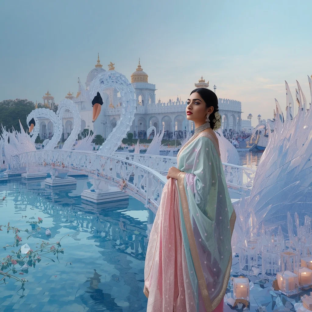 Festive Pastel Saree Royal Crystal Sapphire Swan Palace Collage Premium Couture | Prompt Seen Girl