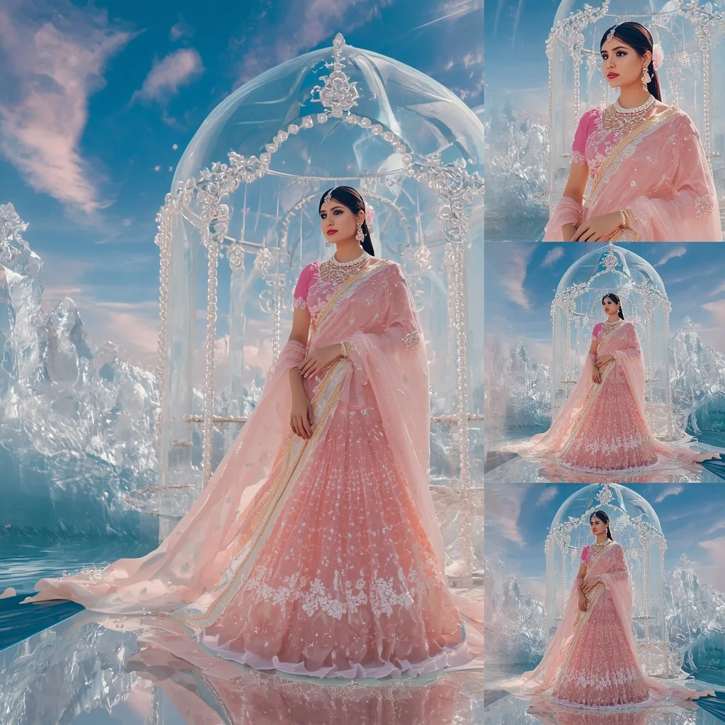 Festive Pastel Saree Royal Holographic Crystal Ocean Palace Collage Ultra Premium Couture | ChatGPT Ai Prompt