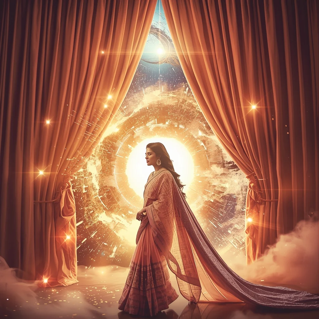 Festive Pastel Saree Royal Magnetic Curtain Cosmic Burst Collage | Grand Epic Prompt | Cinematic Saree Ai Prompt