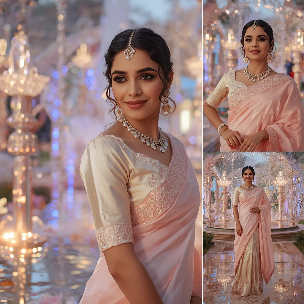 Festive Pastel Saree Royal Pearl Crystal Aurora Fountain Garden Collage Luxury Couture | New Instagram Trend Prompt For Girl Copy And Paste